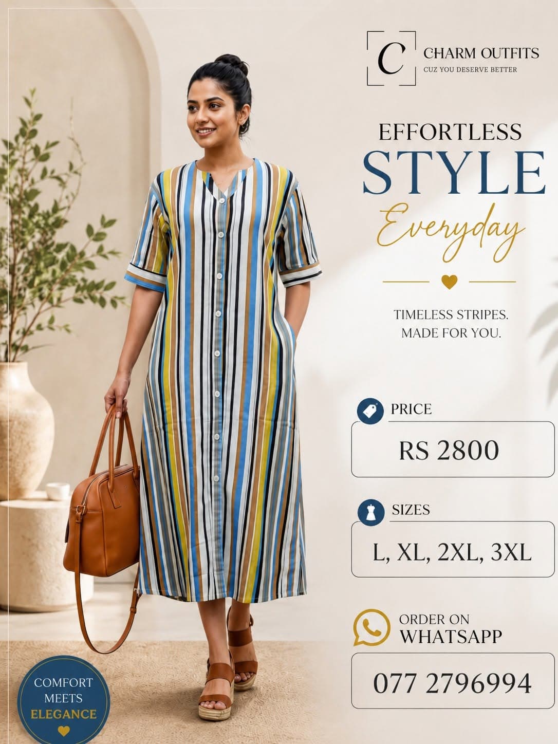 Vertical Stripe Premium Linen Dress (L | XL | 2XL | 3XL)